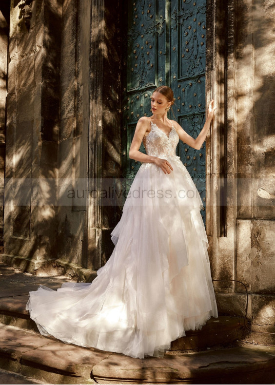 Ivory Lace Glitter Tulle V Back Ruffled Amazing Wedding Dress